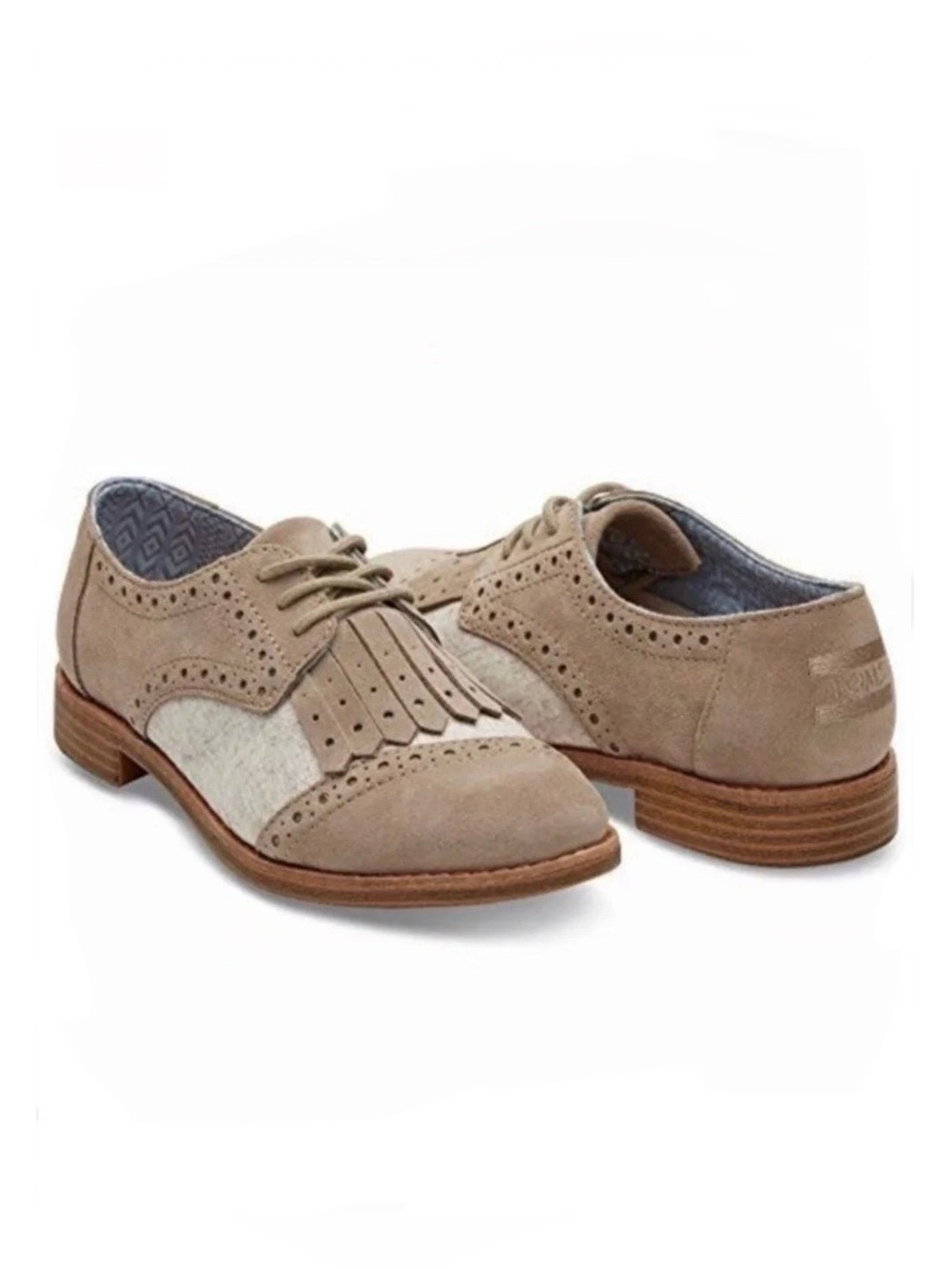 Tom's Suede Kiltie Wingtip Oxfords Taupe Retro Eclectic Menswear Wool Fringe 7.5